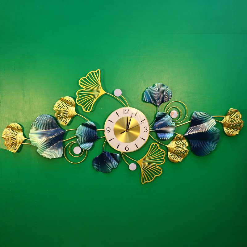 Large Size Golden and Bluish Wall clock with Ginkgo leaves design